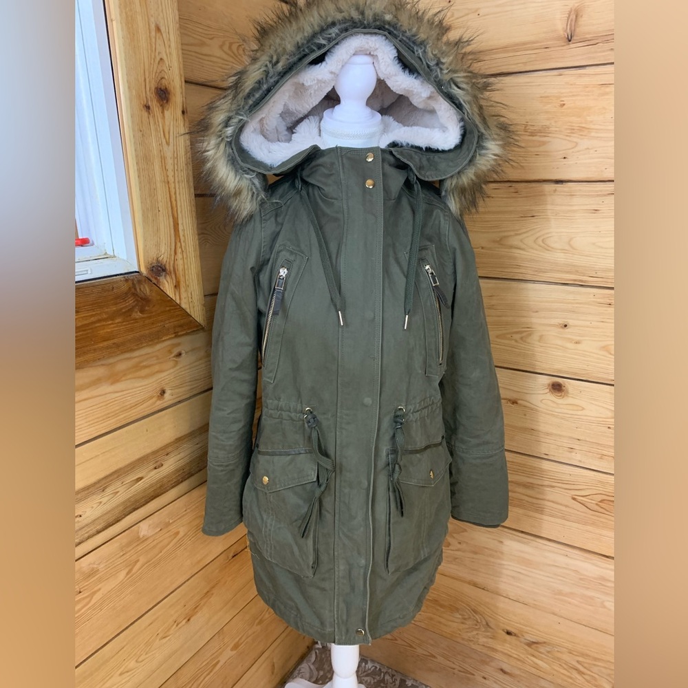 Green Faux Fur Trim Sherpa Lined Utility Winter Jacket XL